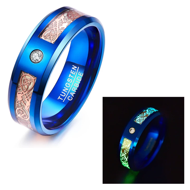 Hotsale Herren Ehering Bands Blauer Wolframkarbidring mit leuchtendem Roségold Celtic Dragon Inlay und 1 weißer CZ-Stein China-Hersteller