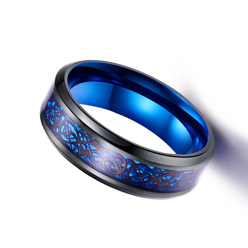 Incredibili band da cerimonia nuziale di due uomini tunicati con anello in carburo di tungsteno nero e blu con drago nero celtico e in fibra di carbonio in fibra di carbonio inledario fabbricante della Cina