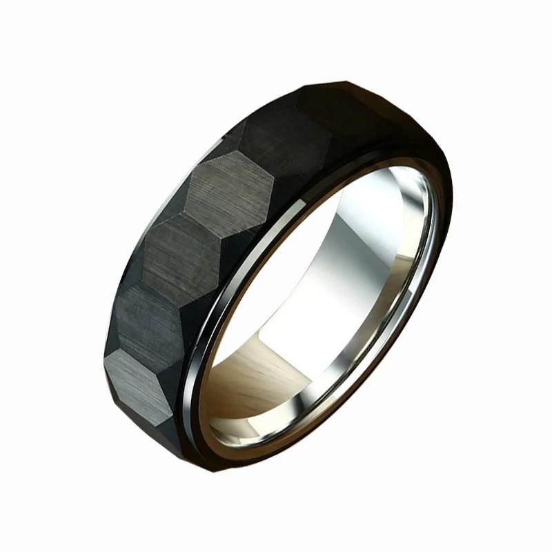 8mm Facet Black Top e Argento all'interno dell'anello in carburo di tungsteno Banda di finger da uomo