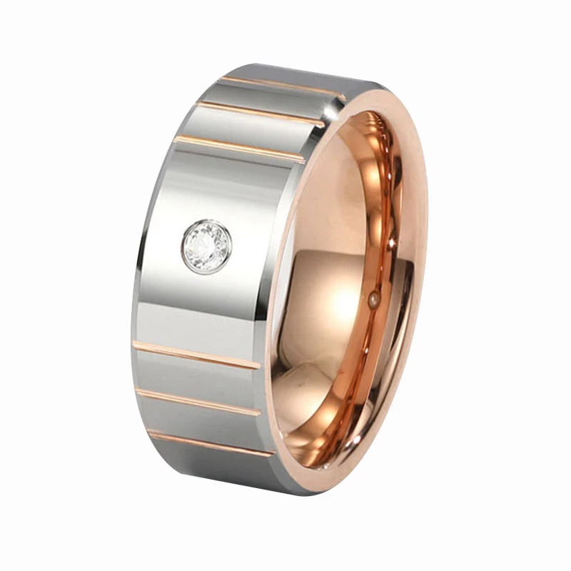 Bague de tungstène en or rose à la mode avec bande de mariage en inlay cz 8mm poli