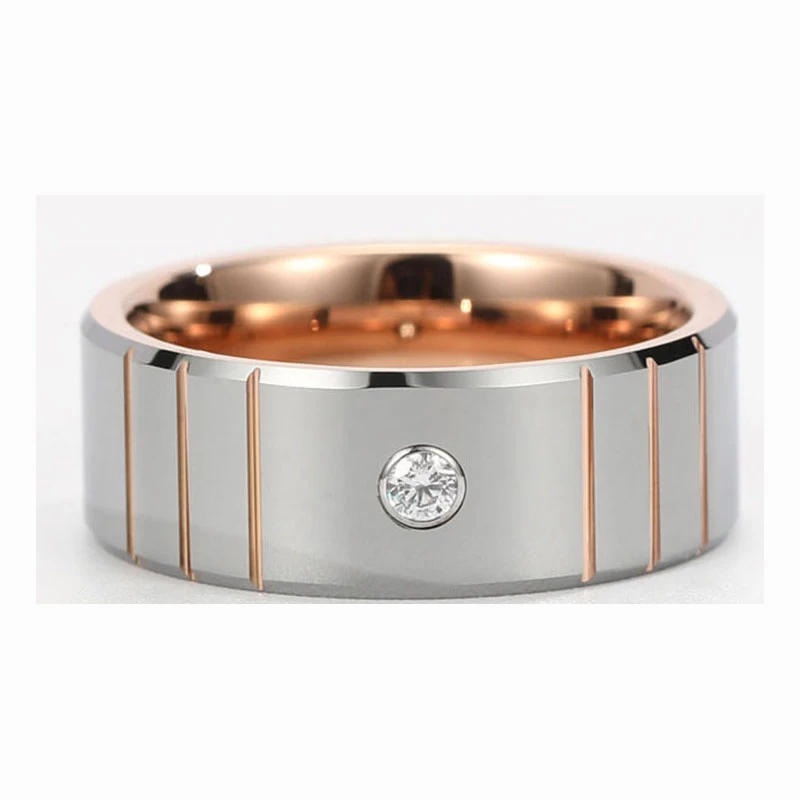 Bague de tungstène en or rose à la mode avec bande de mariage en inlay cz 8mm poli