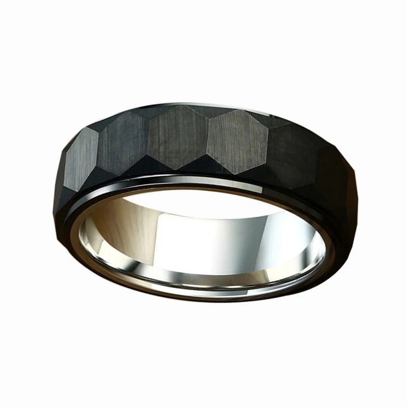 8mm Facet Black Top e Argento all'interno dell'anello in carburo di tungsteno Banda di finger da uomo