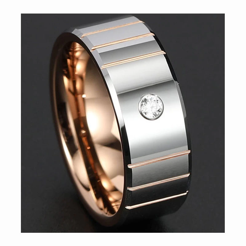 Bague de tungstène en or rose à la mode avec bande de mariage en inlay cz 8mm poli