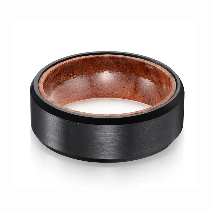 Koa Wood Inlay Black Black Brushed Tungsteny Ring 8mm Cool Fashion Band For Men