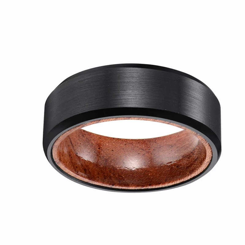 Koa Wood Inlay Black Black Brushed Tungsteny Ring 8mm Cool Fashion Band For Men