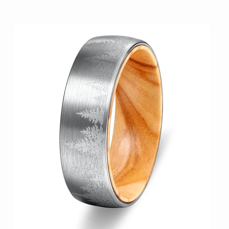 Bague en carbure de tungstène en forme de tungstène en forme de tungstène en bois brossé avec arbres de forêt estampillés Bague de bijouterie de mode 8mm