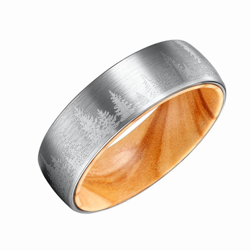 Bague en carbure de tungstène en forme de tungstène en forme de tungstène en bois brossé avec arbres de forêt estampillés Bague de bijouterie de mode 8mm