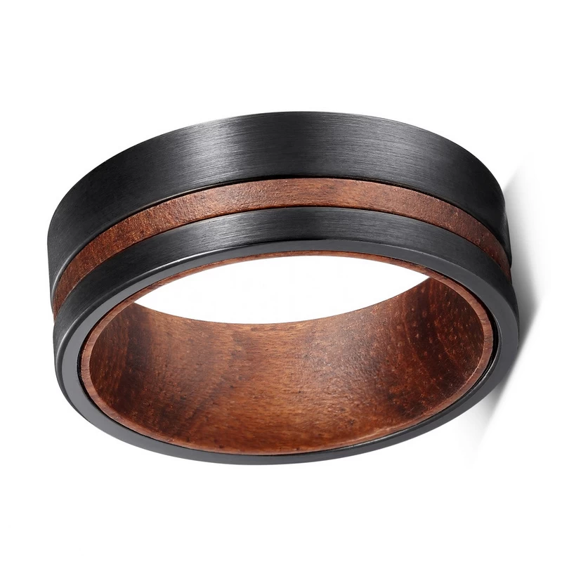 Bagues de mariage de tungstène incroyables 8mm Bague en carbure de tungstène noir brossé avec le bois Inner Band Fabricant