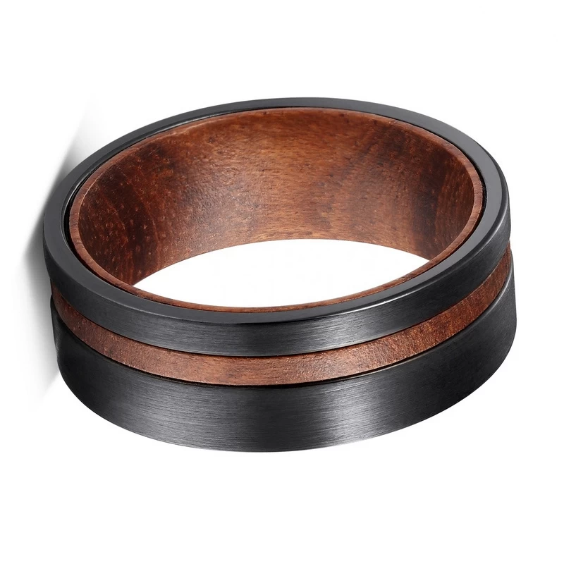 Bagues de mariage de tungstène incroyables 8mm Bague en carbure de tungstène noir brossé avec le bois Inner Band Fabricant