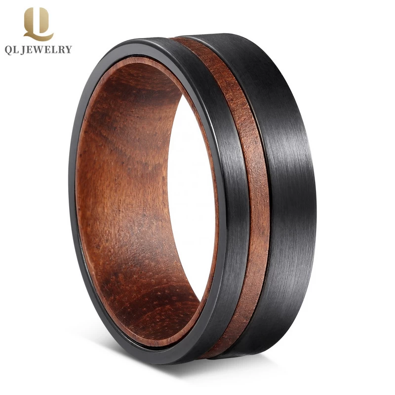 Bagues de mariage de tungstène incroyables 8mm Bague en carbure de tungstène noir brossé avec le bois Inner Band Fabricant