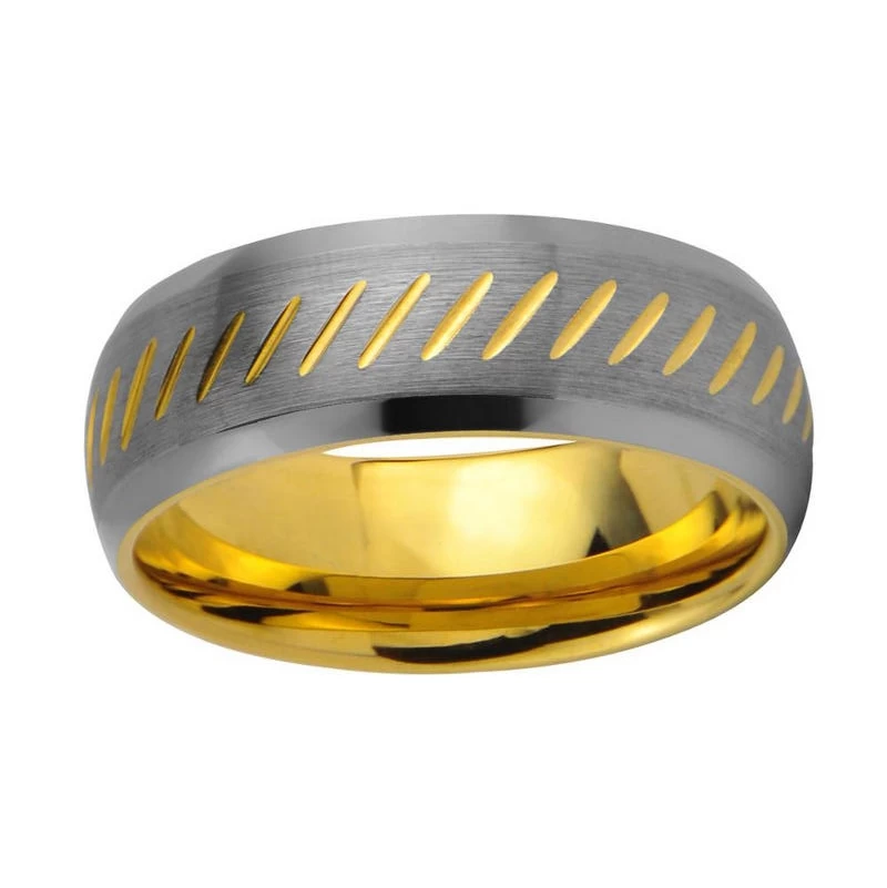 Hotsale Two Toned Gold and Silver Tungsten Wedding Bands 8mm Domed Gold Tungsten Carbide Ring with Beveled Edges and Engraved Lines China Supplier