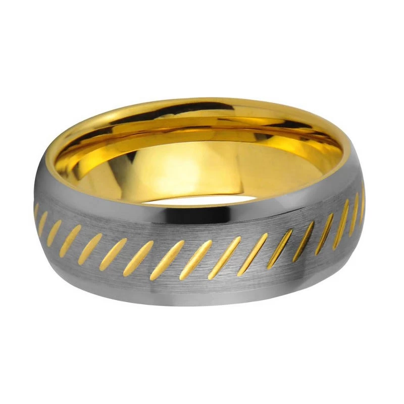 Hotsale Two Toned Gold and Silver Tungsten Wedding Bands 8mm Domed Gold Tungsten Carbide Ring with Beveled Edges and Engraved Lines China Supplier
