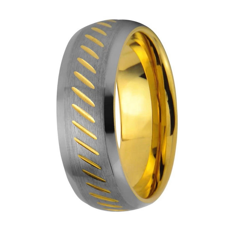 Hotsale Two Toned Gold and Silver Tungsten Wedding Bands 8mm Domed Gold Tungsten Carbide Ring with Beveled Edges and Engraved Lines China Supplier