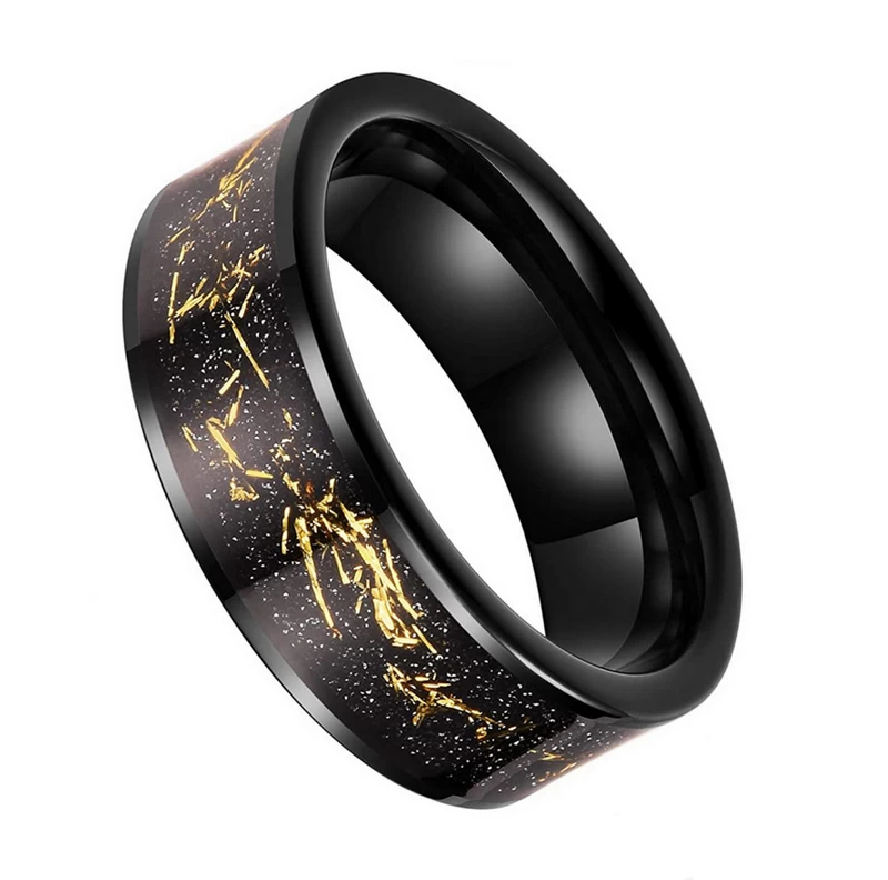 Cina Fedi nuziali in tungsteno da uomo lucido da 8 mm di alta qualità più vendute Fedi nuziali in carburo di tungsteno nero piatto con intarsi di frammenti di lamina d'oro Produttore cinese
