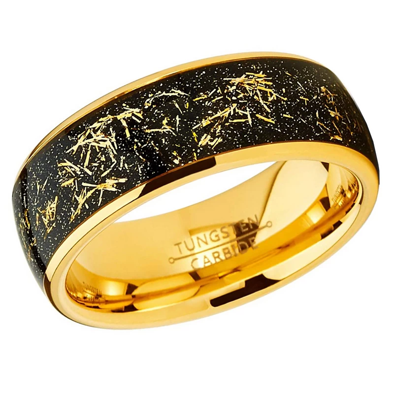 Cina Fedi nuziali in carburo di tungsteno in oro lucido con cupola alta 8 mm dal design unico con intarsi di frammenti di lamina d'oro Produttori