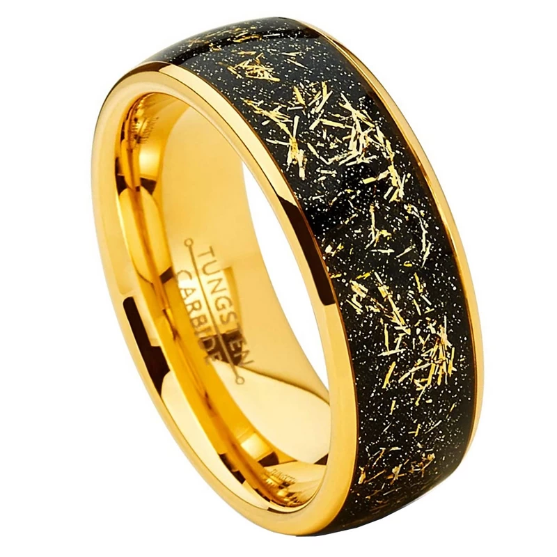 Cina Fedi nuziali in carburo di tungsteno in oro lucido con cupola alta 8 mm dal design unico con intarsi di frammenti di lamina d'oro Produttori