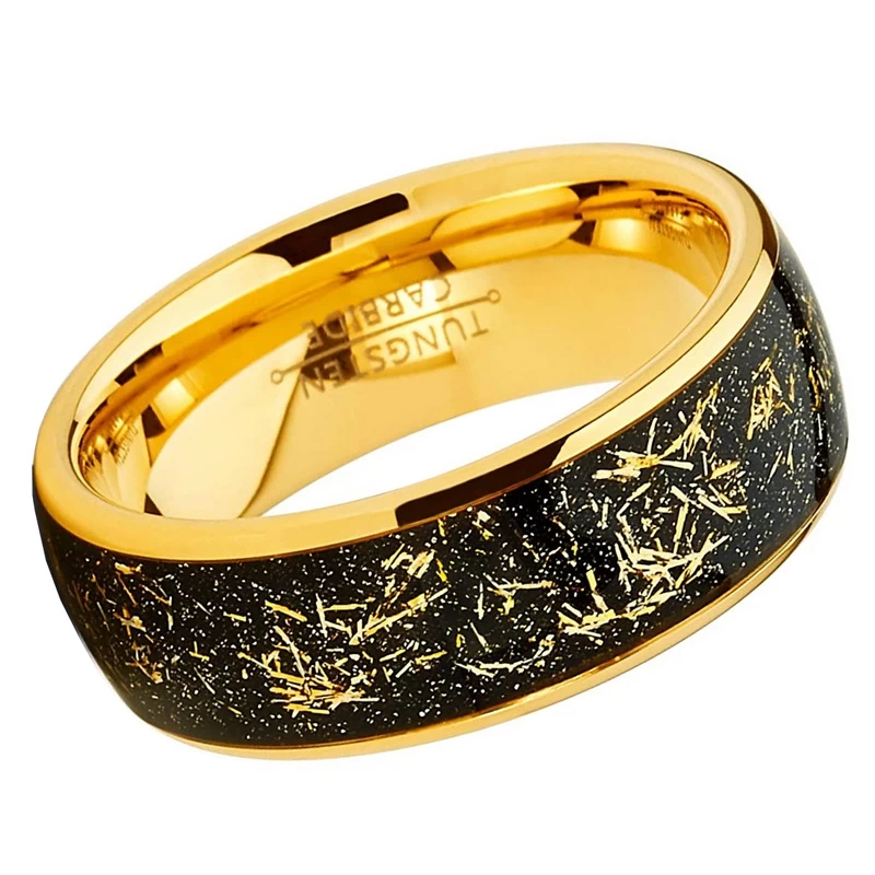 Cina Fedi nuziali in carburo di tungsteno in oro lucido con cupola alta 8 mm dal design unico con intarsi di frammenti di lamina d'oro Produttori