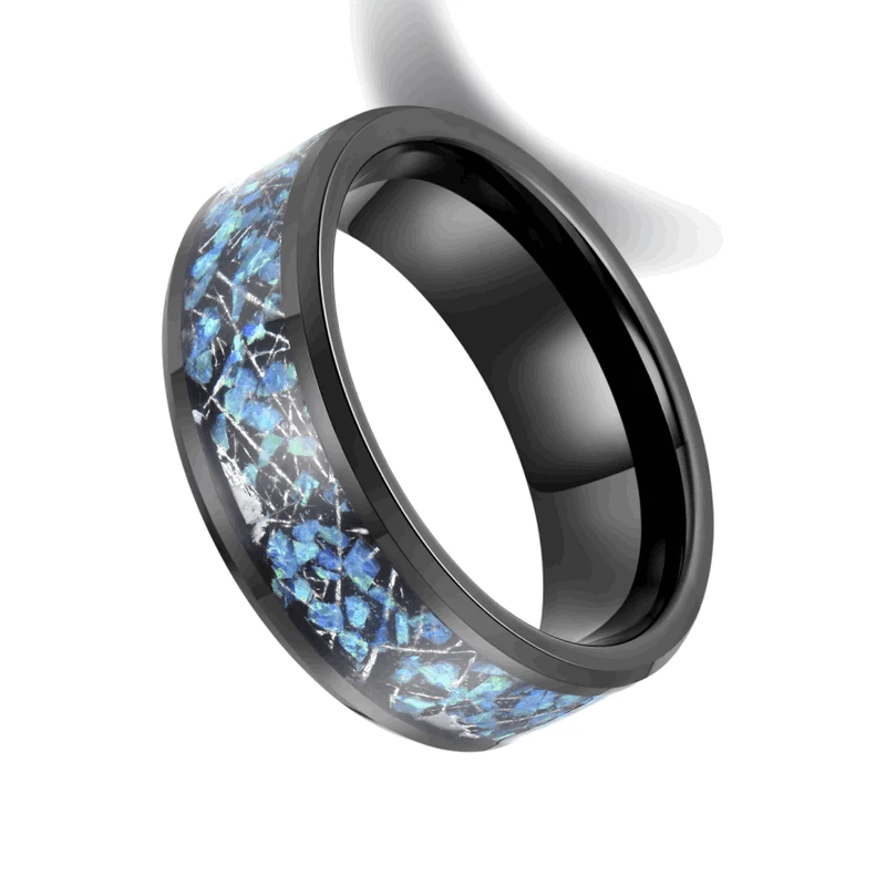 Meistverkaufte 8mm hochglanzpolierte Herren-Wolfram-Hochzeitsbänder mit abgeschrägten Kanten Schwarze Wolframkarbid-Hochzeitsbänder mit Meteorit- und Opal-Inlay China Lieferant