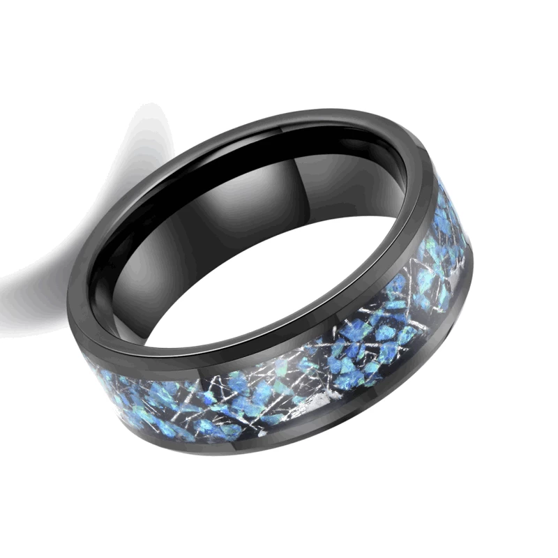 Meistverkaufte 8mm hochglanzpolierte Herren-Wolfram-Hochzeitsbänder mit abgeschrägten Kanten Schwarze Wolframkarbid-Hochzeitsbänder mit Meteorit- und Opal-Inlay China Lieferant