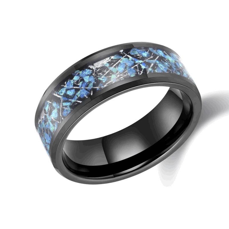 Meistverkaufte 8mm hochglanzpolierte Herren-Wolfram-Hochzeitsbänder mit abgeschrägten Kanten Schwarze Wolframkarbid-Hochzeitsbänder mit Meteorit- und Opal-Inlay China Lieferant