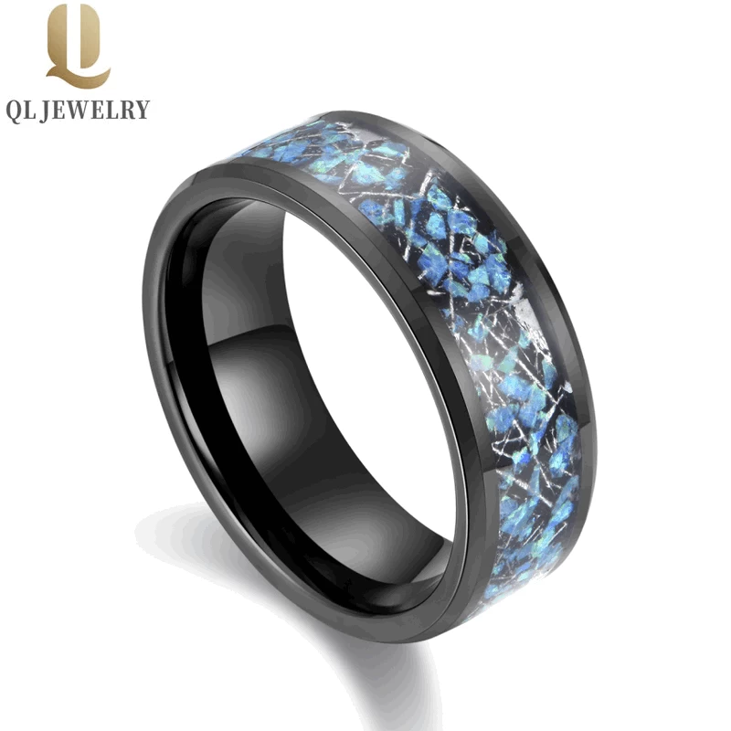 Meistverkaufte 8mm hochglanzpolierte Herren-Wolfram-Hochzeitsbänder mit abgeschrägten Kanten Schwarze Wolframkarbid-Hochzeitsbänder mit Meteorit- und Opal-Inlay China Lieferant