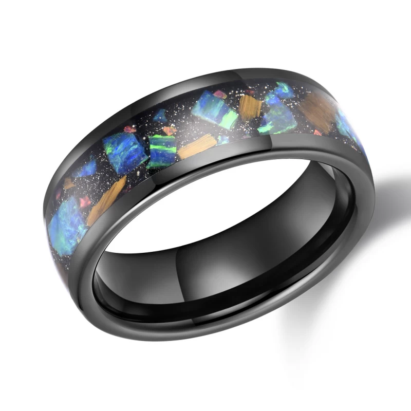 Meistverkaufte 8mm hochglanzpolierte Herren-Wolfram-Hochzeitsbänder gewölbte schwarze Wolframkarbid-Hochzeitsbänder mit Sandstein und erstellter Opaleinlage China Hersteller