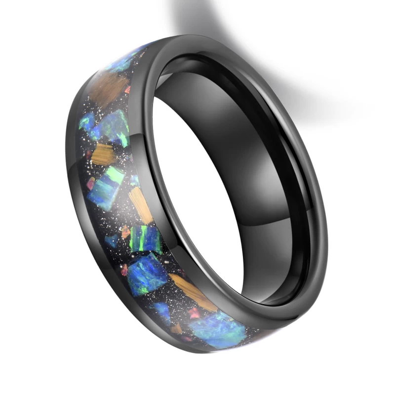 Meistverkaufte 8mm hochglanzpolierte Herren-Wolfram-Hochzeitsbänder gewölbte schwarze Wolframkarbid-Hochzeitsbänder mit Sandstein und erstellter Opaleinlage China Hersteller