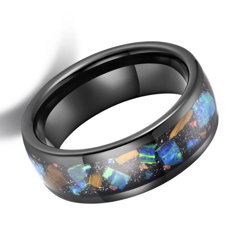 Meistverkaufte 8mm hochglanzpolierte Herren-Wolfram-Hochzeitsbänder gewölbte schwarze Wolframkarbid-Hochzeitsbänder mit Sandstein und erstellter Opaleinlage China Hersteller