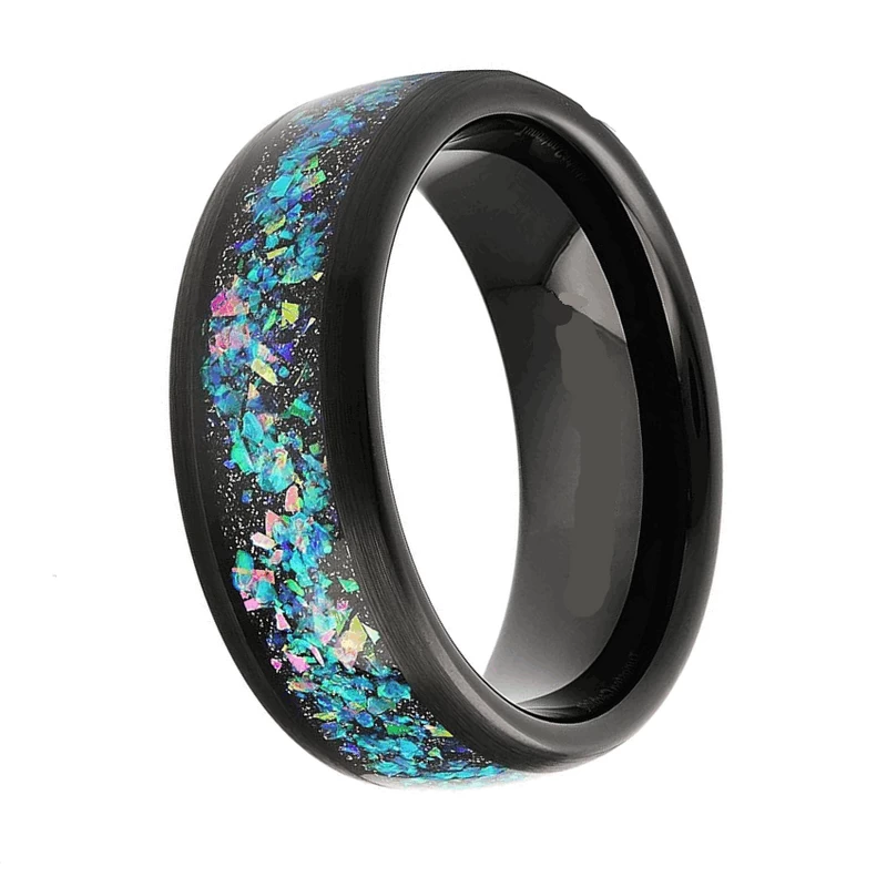 Beliebte Art 8mm Herren Wolfram Eheringe Gewölbte gebürstete schwarze Wolframkarbid Eheringe mit Sandstein und Opal Inlay