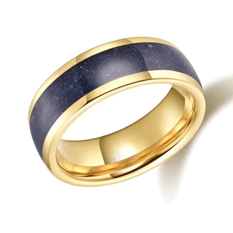 Bandes de mariage en tungstène pour hommes très polies de 8 mm Bandes de mariage en carbure de tungstène en or bombé avec incrustation de grès bleu Fabricant de la Chine