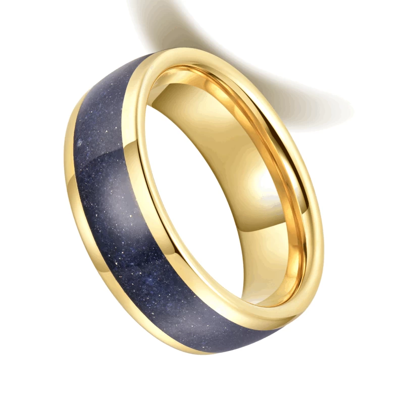 Bandes de mariage en tungstène pour hommes très polies de 8 mm Bandes de mariage en carbure de tungstène en or bombé avec incrustation de grès bleu Fabricant de la Chine