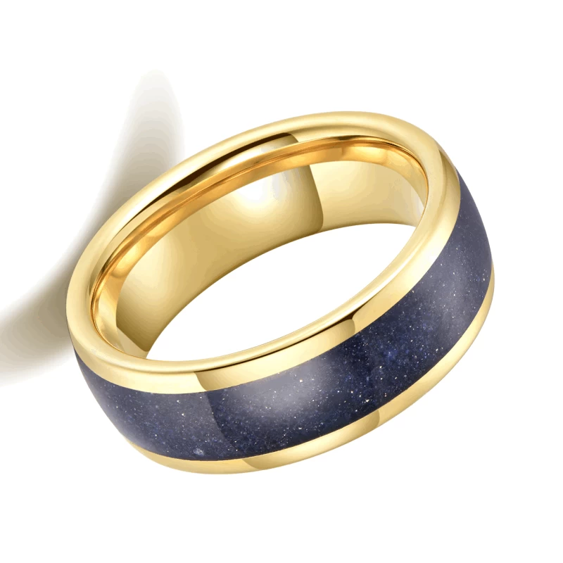 Bandes de mariage en tungstène pour hommes très polies de 8 mm Bandes de mariage en carbure de tungstène en or bombé avec incrustation de grès bleu Fabricant de la Chine