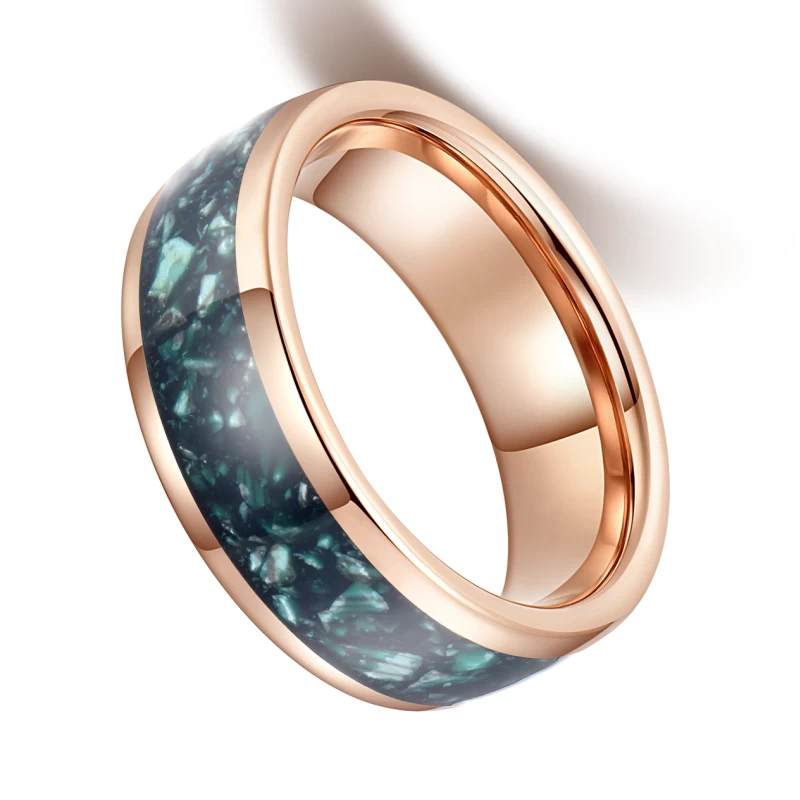 Beliebte 8mm hochglanzpolierte Herren-Wolfram-Hochzeitsbänder gewölbte Roségold-Wolframkarbid-Hochzeitsbänder mit grüner Opaleinlage