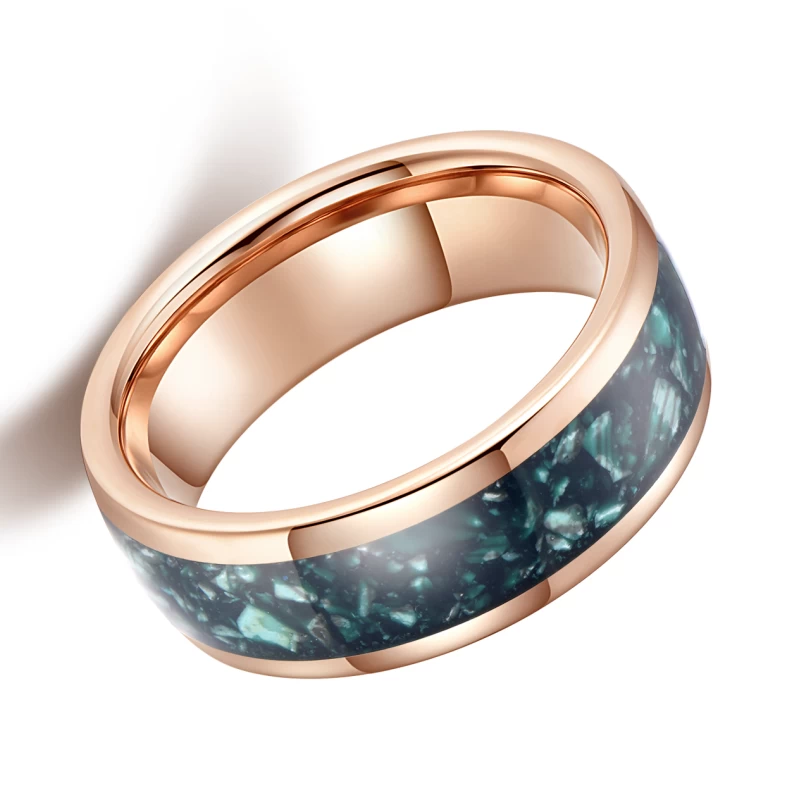 Beliebte 8mm hochglanzpolierte Herren-Wolfram-Hochzeitsbänder gewölbte Roségold-Wolframkarbid-Hochzeitsbänder mit grüner Opaleinlage