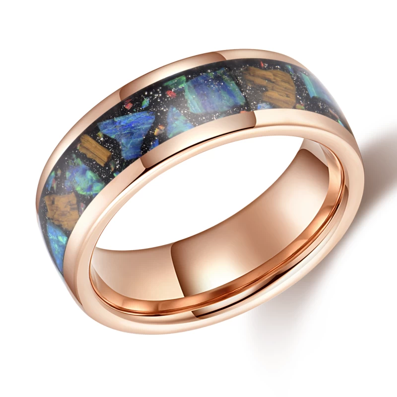 Cina popolare fedi nuziali in tungsteno da uomo lucidate alte 8 mm con cupola in oro rosa in carburo di tungsteno con intarsio di opale verde in pietra d'oro nera Produttori