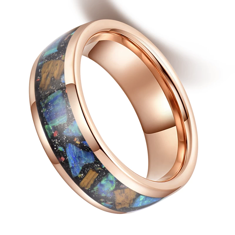 Cina popolare fedi nuziali in tungsteno da uomo lucidate alte 8 mm con cupola in oro rosa in carburo di tungsteno con intarsio di opale verde in pietra d'oro nera Produttori