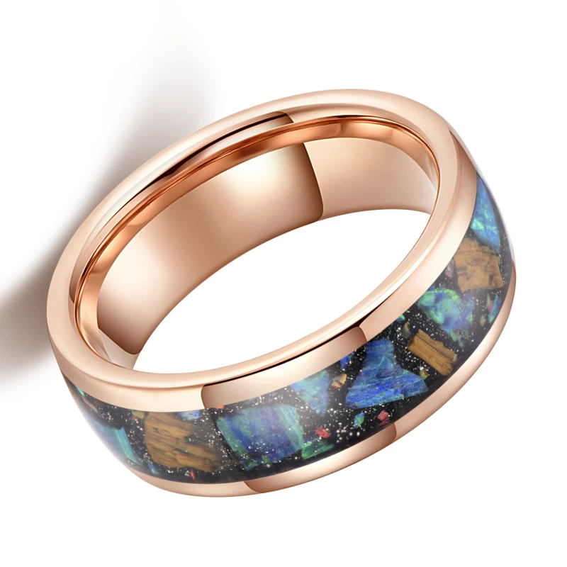 Cina popolare fedi nuziali in tungsteno da uomo lucidate alte 8 mm con cupola in oro rosa in carburo di tungsteno con intarsio di opale verde in pietra d'oro nera Produttori