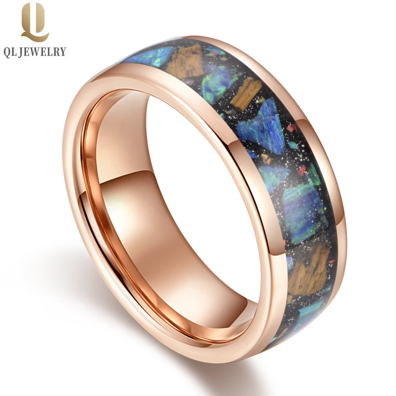 Cina popolare fedi nuziali in tungsteno da uomo lucidate alte 8 mm con cupola in oro rosa in carburo di tungsteno con intarsio di opale verde in pietra d'oro nera Produttori