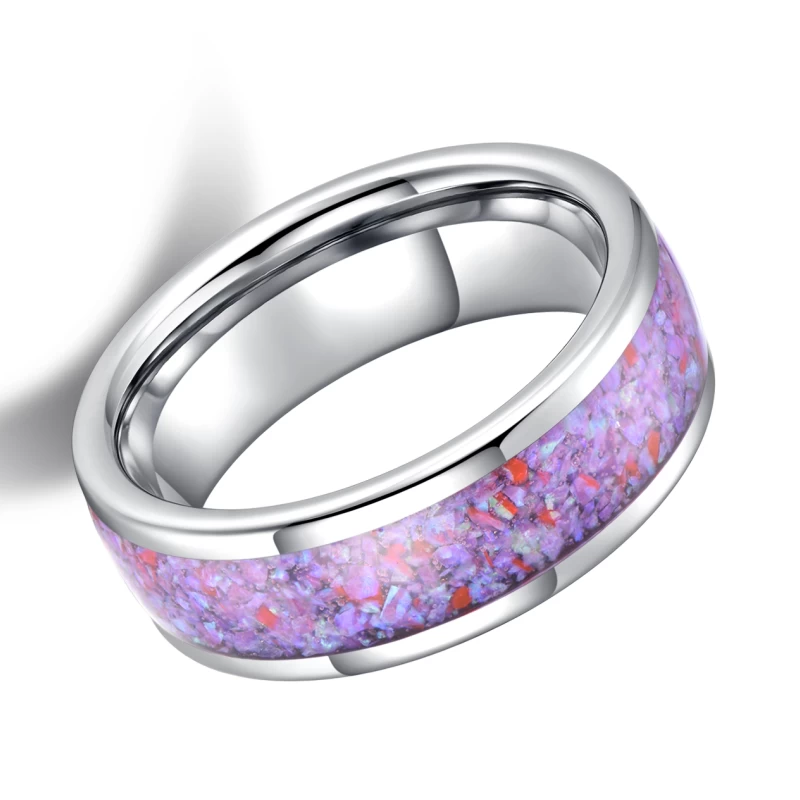 Großhandel Unisex Herren oder Damen 8mm hochglanzpolierte Herren Wolfram Eheringe gewölbte Wolframcarbid Eheringe mit lila Opal Inlay China Hersteller