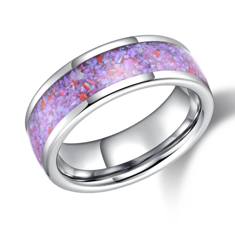 Großhandel Unisex Herren oder Damen 8mm hochglanzpolierte Herren Wolfram Eheringe gewölbte Wolframcarbid Eheringe mit lila Opal Inlay China Hersteller