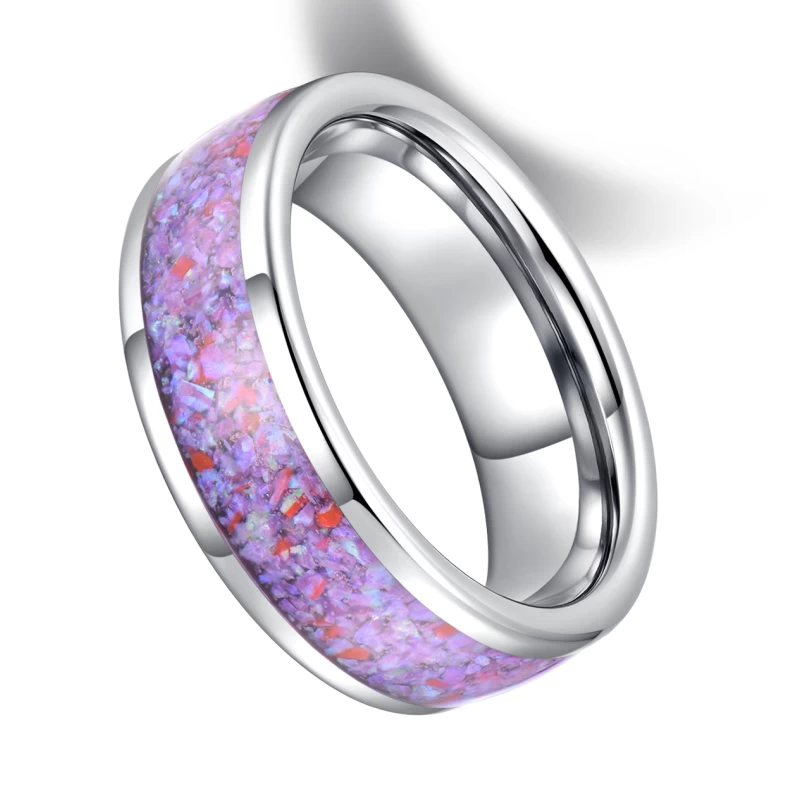Großhandel Unisex Herren oder Damen 8mm hochglanzpolierte Herren Wolfram Eheringe gewölbte Wolframcarbid Eheringe mit lila Opal Inlay China Hersteller