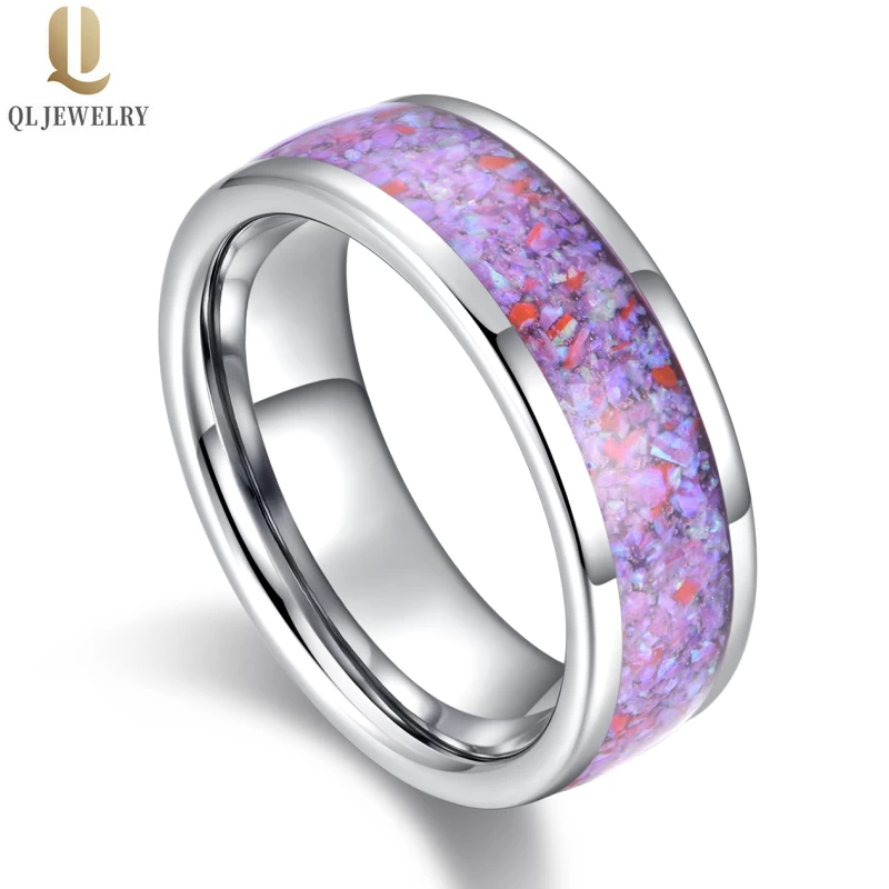 Großhandel Unisex Herren oder Damen 8mm hochglanzpolierte Herren Wolfram Eheringe gewölbte Wolframcarbid Eheringe mit lila Opal Inlay China Hersteller