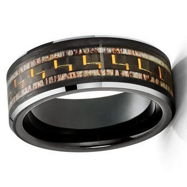 Popular 8mm Men's Tungsten Wedding Bands Flat and Beveled Edges Black Tungsten Carbide Ring with Antler and Black and Yellow Carbon Fiber Inlay China Manufacturer