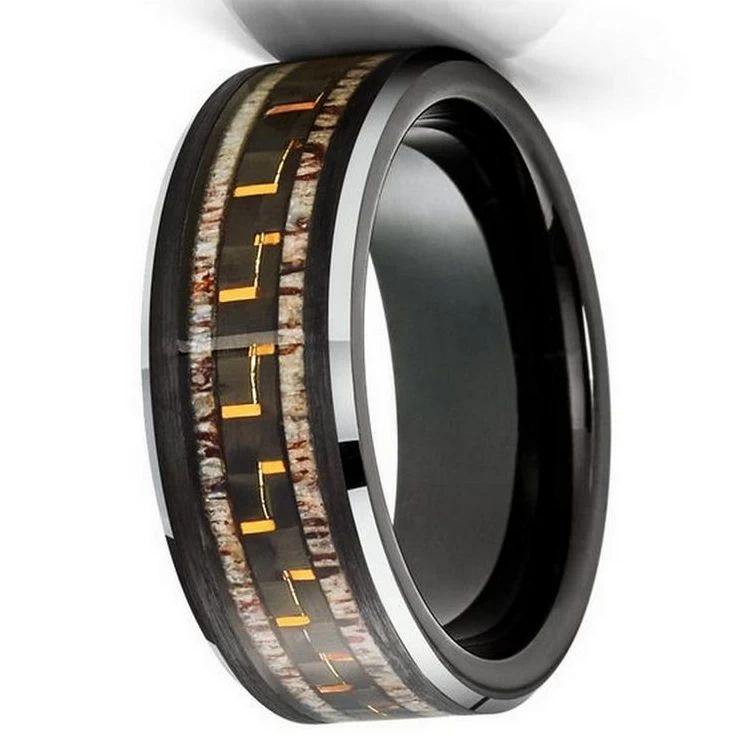 Popular 8mm Men's Tungsten Wedding Bands Flat and Beveled Edges Black Tungsten Carbide Ring with Antler and Black and Yellow Carbon Fiber Inlay China Manufacturer