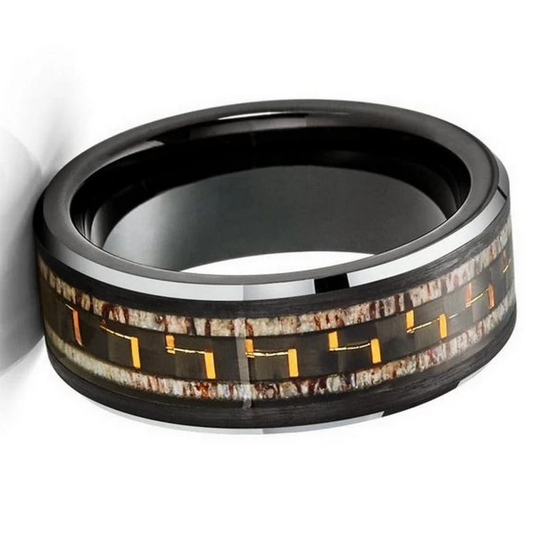 Popular 8mm Men's Tungsten Wedding Bands Flat and Beveled Edges Black Tungsten Carbide Ring with Antler and Black and Yellow Carbon Fiber Inlay China Manufacturer