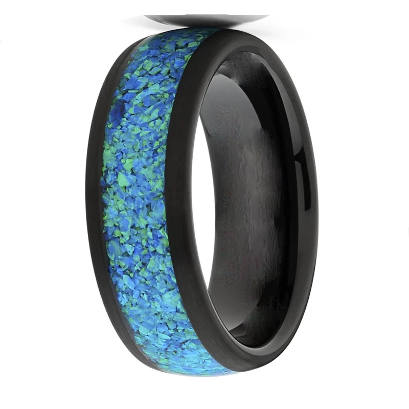 Meistverkaufte 8mm hochglanzpolierte Herren-Wolfram-Hochzeitsbänder gewölbte schwarze Wolframkarbid-Hochzeitsbänder mit grüner und blauer Opaleinlage