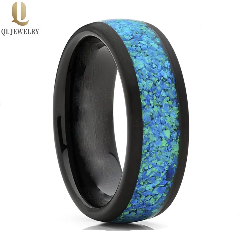 Meistverkaufte 8mm hochglanzpolierte Herren-Wolfram-Hochzeitsbänder gewölbte schwarze Wolframkarbid-Hochzeitsbänder mit grüner und blauer Opaleinlage