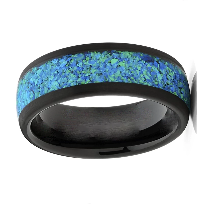 Meistverkaufte 8mm hochglanzpolierte Herren-Wolfram-Hochzeitsbänder gewölbte schwarze Wolframkarbid-Hochzeitsbänder mit grüner und blauer Opaleinlage