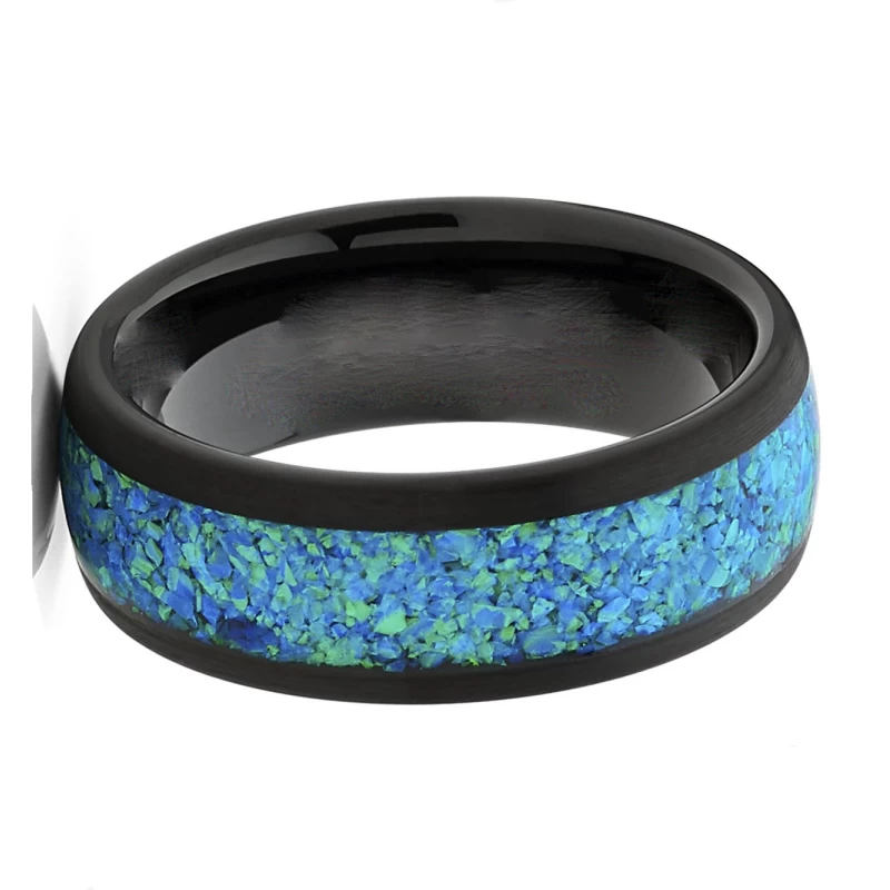 Meistverkaufte 8mm hochglanzpolierte Herren-Wolfram-Hochzeitsbänder gewölbte schwarze Wolframkarbid-Hochzeitsbänder mit grüner und blauer Opaleinlage