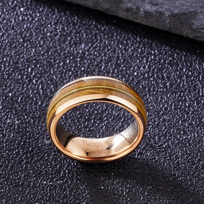 Amazing 8mm Guitar String Ring Whisky Barrel Wood and Guitar String Inlay Domed  Gold Tungsten Wedding Bands China Manufacturer